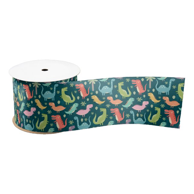 Cute Colourful Dinosaurs at Night Satin Ribbon (Spool)