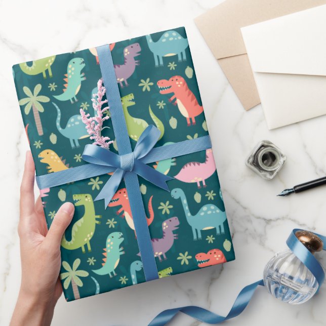Cute Colourful Dinosaurs at Night Wrapping Paper (Gifting)
