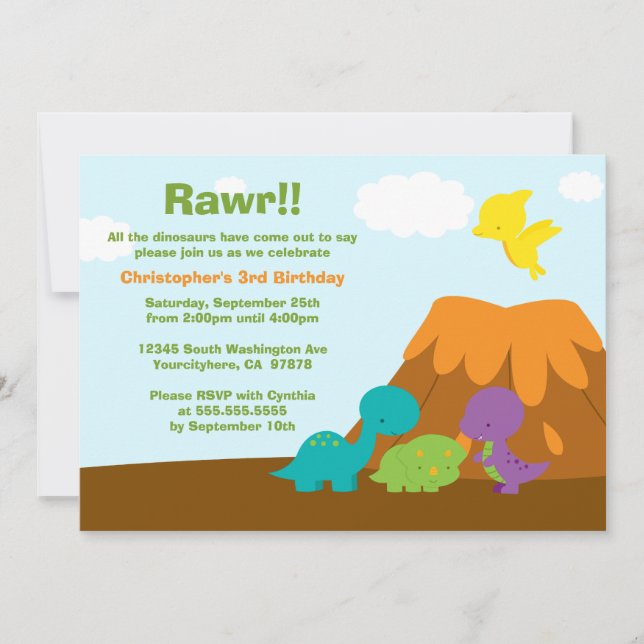 Cute colourful dinosaurs birthday party invitation (Front)