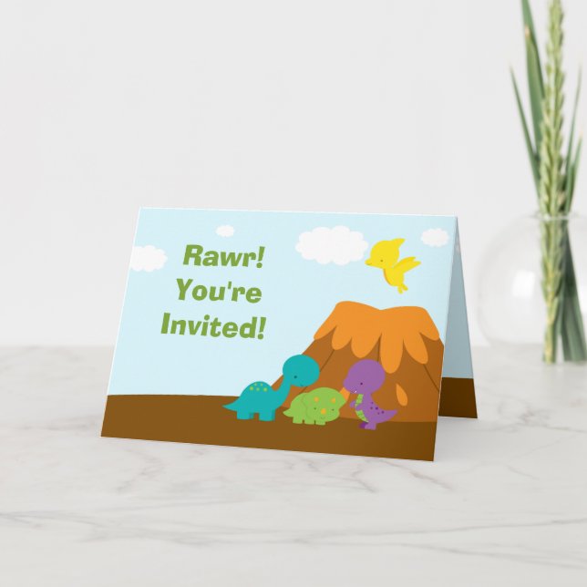 Cute colourful dinosaurs birthday party invitation (Front)
