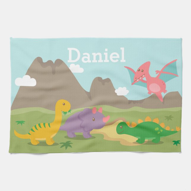 Cute Colourful Dinosaurs For Kids Tea Towel (Horizontal)