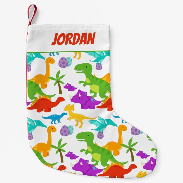 Cute Colourful Dinosaurs Green Red Small Christmas Stocking (Front)