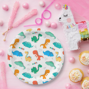 Cute Colourful Dinosaurs Illustrated Pattern Paper Plate
