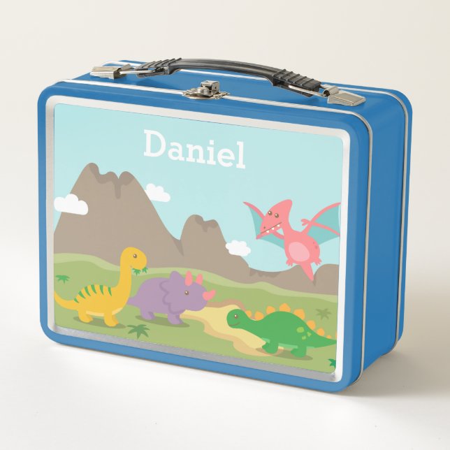 Cute Colourful Dinosaurs Kids Personalised Metal Lunch Box (Front)