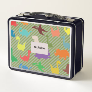 Cute Colourful Dinosaurs on Stripes Metal Lunch Box