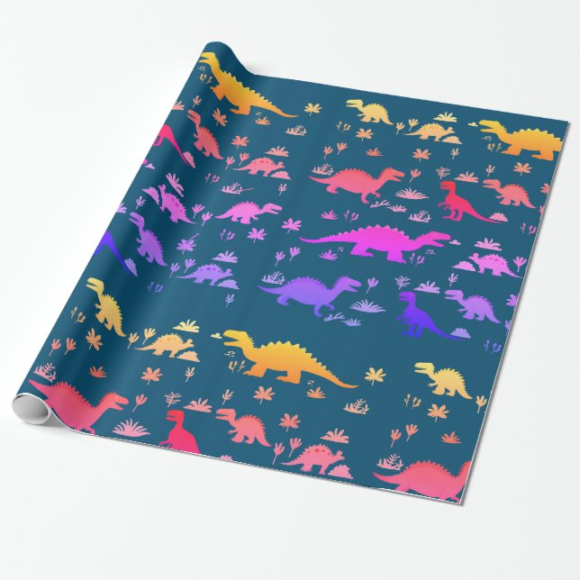 Cute Colourful Dinosaurs Pattern  Wrapping Paper (Unrolled)