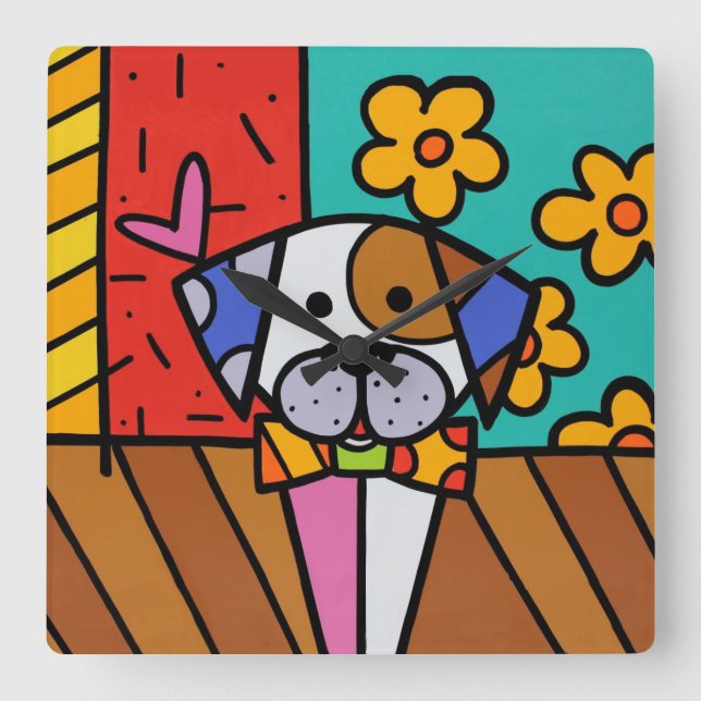 Cute Colourful Dog , For Any Kids Room Square Wall Clock (Front)