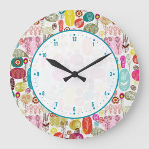 Cute Colourful Doodle Floral Design Large Clock