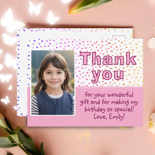 Cute Colourful Dots Girly Photo Birthday Thank You Postcard (Creator Uploaded)