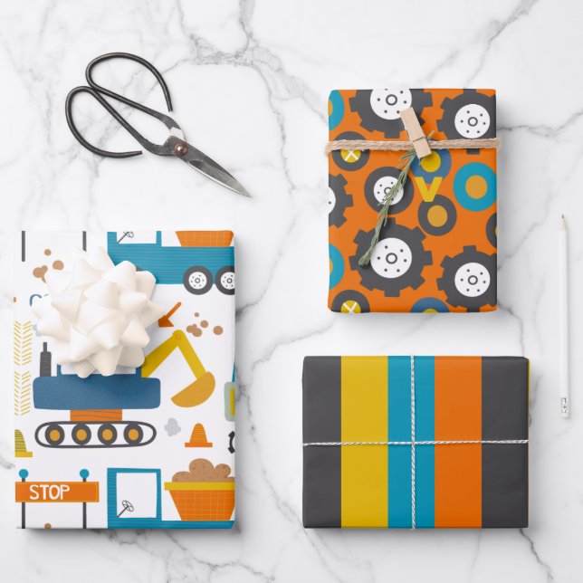 Cute Colourful Dumper Truck Digger Pattern Wrapping Paper Sheet (Front)