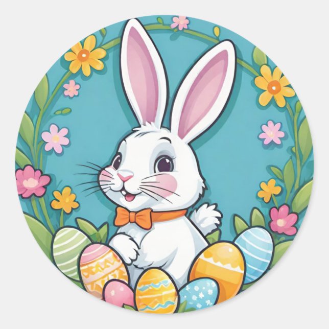 Cute Colourful Easter Bunny Flowers Eggs Stickers (Front)