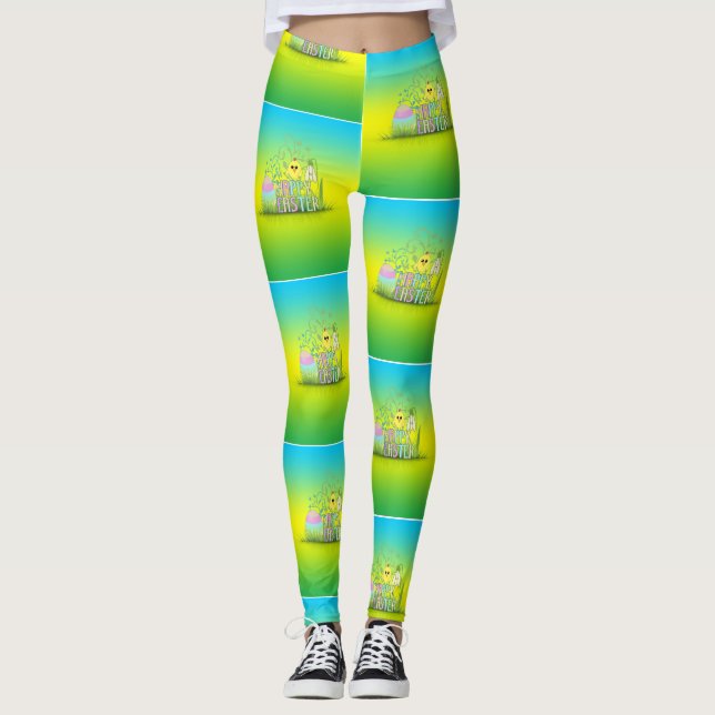 Cute Colourful Easter Egg, Chick Snowdrop pattern Leggings (Front)