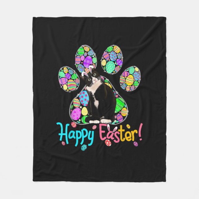 Cute Colourful Easter Eggs Paw Tuxedo Cat Happy Ea Fleece Blanket (Front)