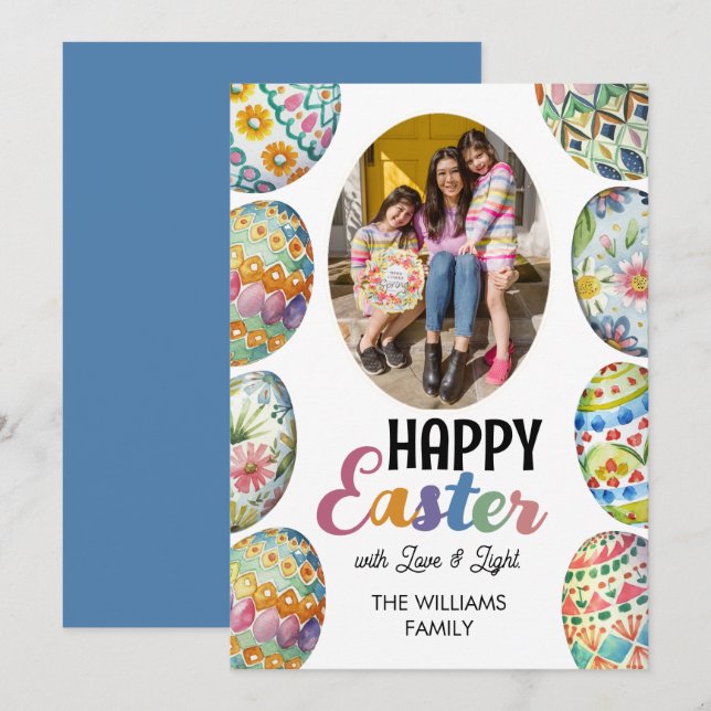 Cute Colourful Easter Eggs Photo Greetings Blue Holiday Card (Front/Back)