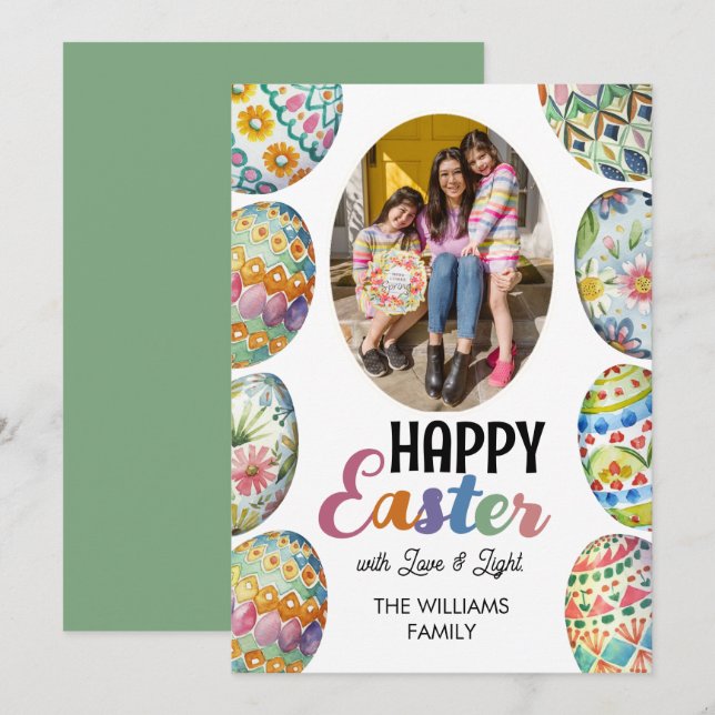 Cute Colourful Easter Eggs Photo Greetings Green Holiday Card (Front/Back)