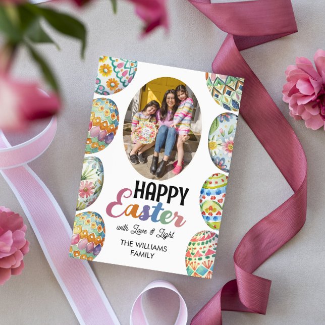 Cute Colourful Easter Eggs Photo Greetings Pink Holiday Card (Creator Uploaded)