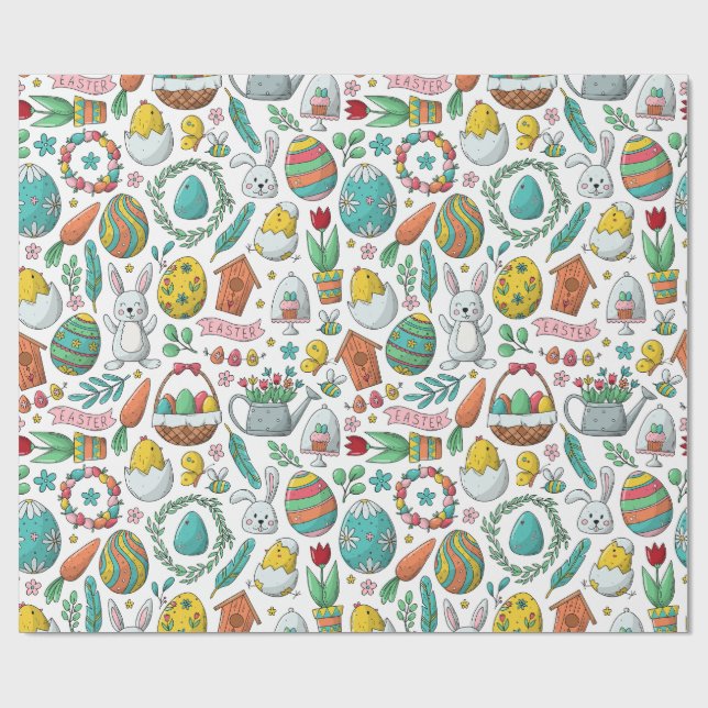 Cute Colourful Eggs Bunny Spring Pattern Easter Wrapping Paper (Flat)