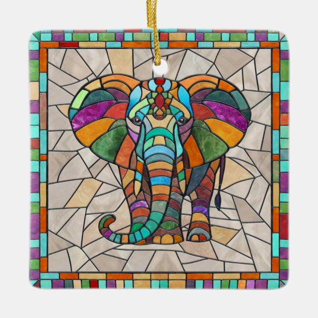Cute Colourful Elephant mosaic art Ceramic Ornament (Front)