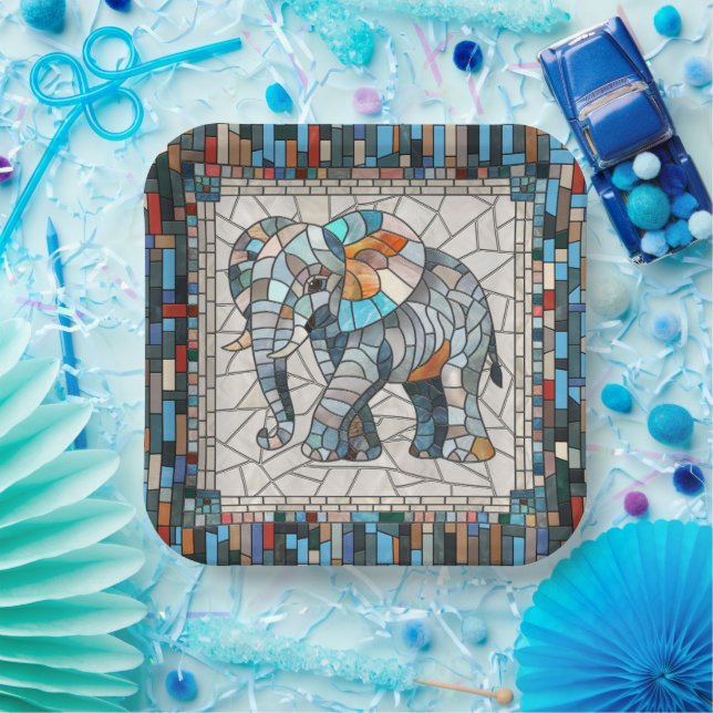 Cute Colourful Elephant mosaic art Paper Plate (Party)