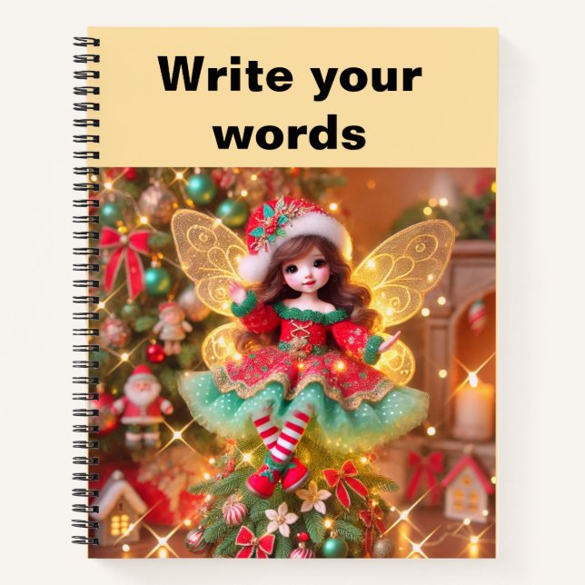 Cute Colourful Fairy Sitting on Christmas Tree Notebook (Front)
