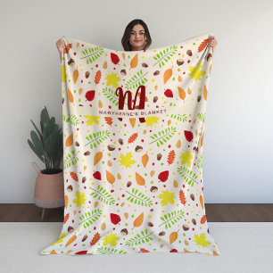 Cute colourful fall leaves custom name fleece blanket