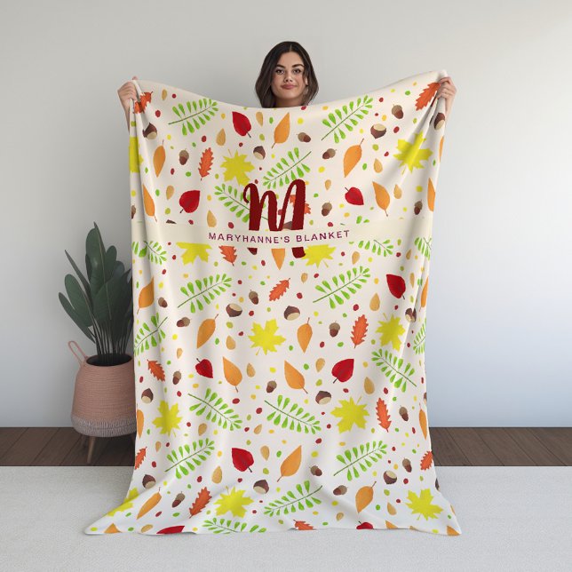 Cute colourful fall leaves custom name fleece blanket (Personalized blanket with fall leaves and nuts featuring custom name and monogram - autumn theme)