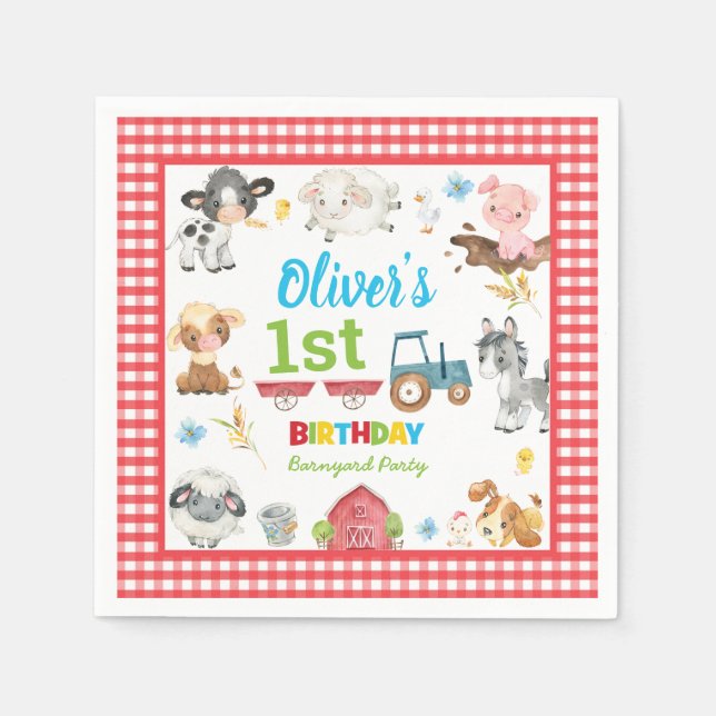 Cute Colourful Farm Animals Barnyard 1st Birthday  Napkin (Front)