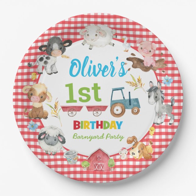 Cute Colourful Farm Animals Barnyard 1st Birthday  Paper Plate (Front)