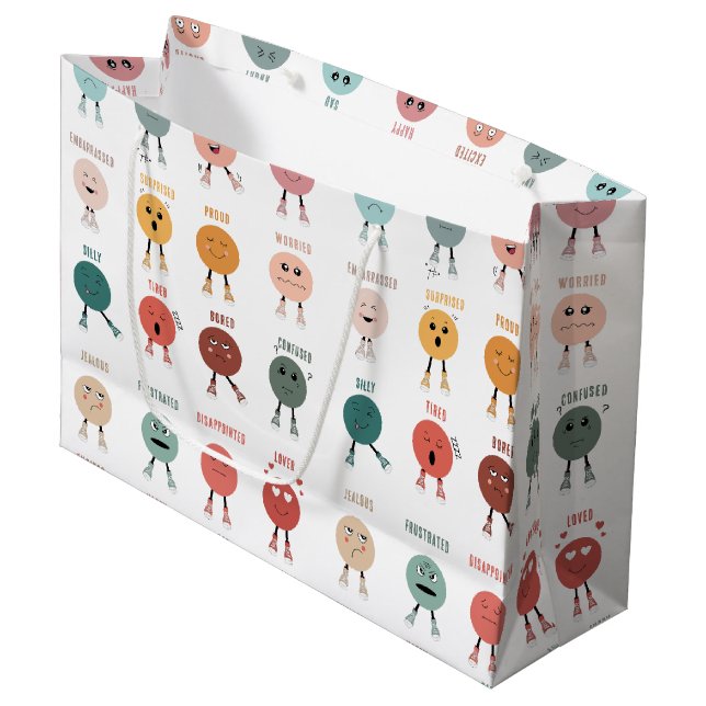 Cute Colourful Feelings Emotions Faces Chart  Large Gift Bag (Front Angled)