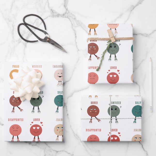 Cute Colourful Feelings Emotions Faces Chart  Wrapping Paper Sheet (Front)