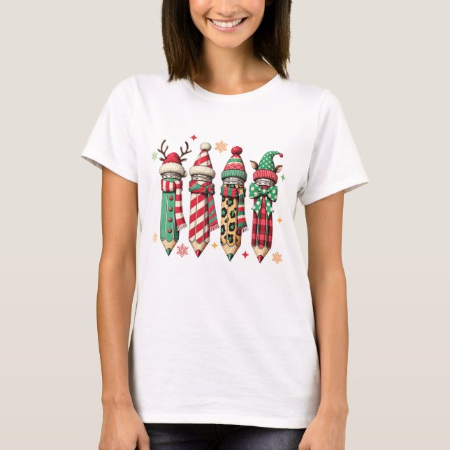 Cute Colourful Festive Bundled Up Pencils Teacher T-Shirt (Front)