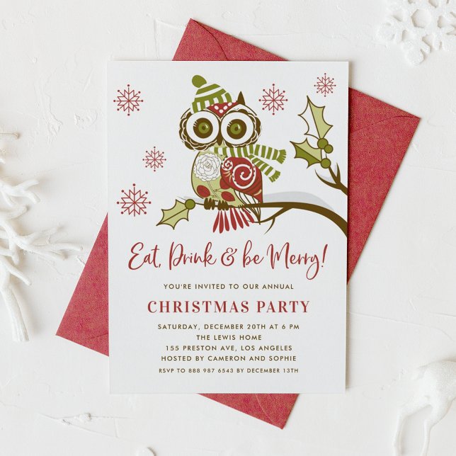 Cute Colourful Festive Green Owl Christmas Party Invitation (Creator Uploaded)