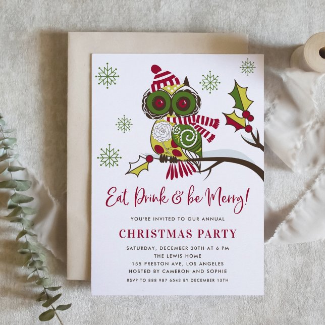 Cute Colourful Festive Green Owl Christmas Party Invitation (Creator Uploaded)
