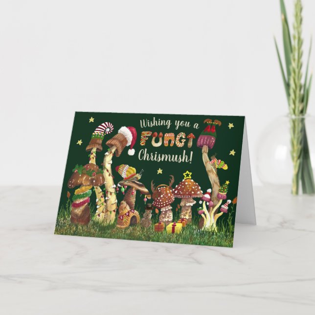 Cute Colourful Festive Mushroom Fungi Christmas Pu Holiday Card (Front)