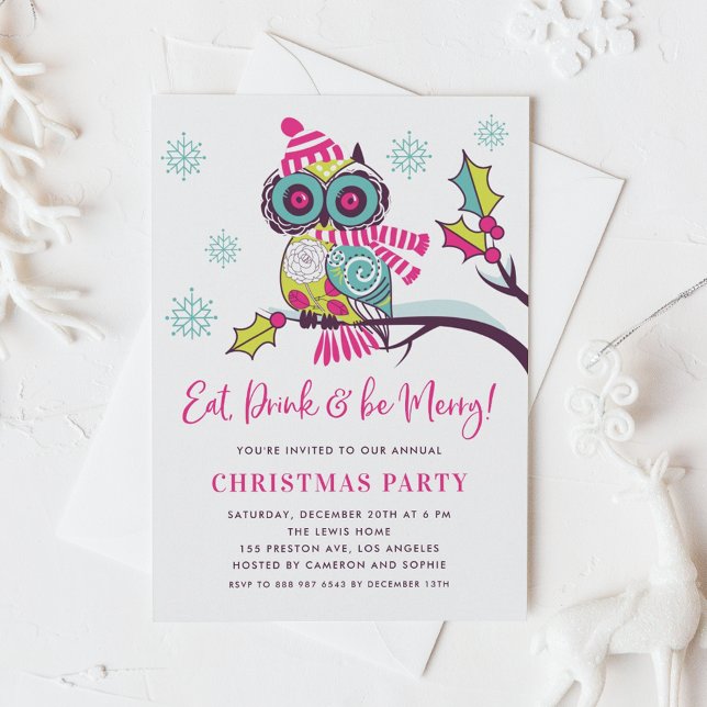 Cute Colourful Festive Neon Owl Christmas Party Invitation (Creator Uploaded)