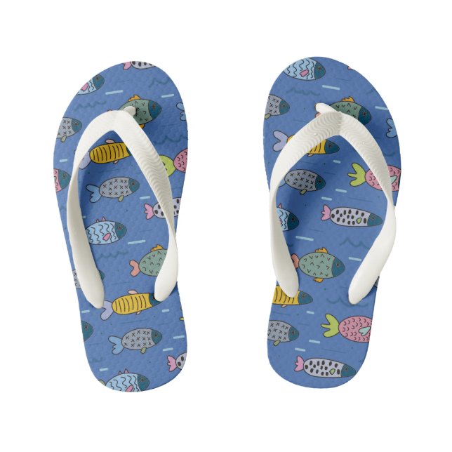Cute Colourful Fish Pattern Summer Blue Kid's Flip Flops (Footbed)