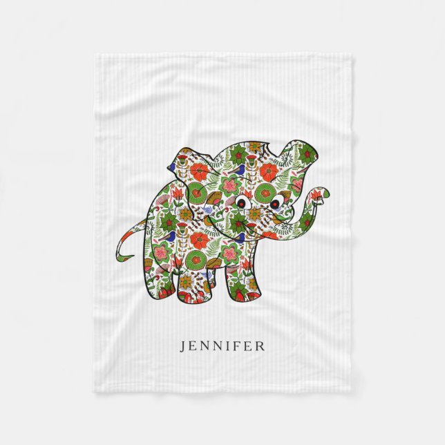 Cute Colourful Floral Baby Elephant Fleece Blanket (Front)