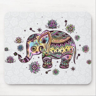 Cute Colourful Floral Baby Elephant Illustration Mouse Mat