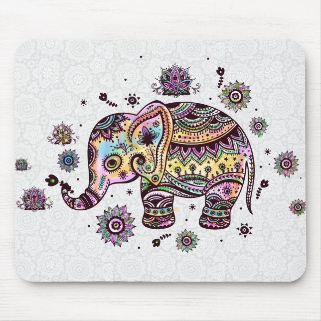 Cute Colourful Floral Baby Elephant Illustration Mouse Mat (Front)