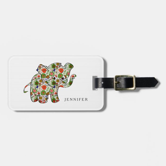 Cute Colourful Floral Baby Elephant Luggage Tag (Front Horizontal)