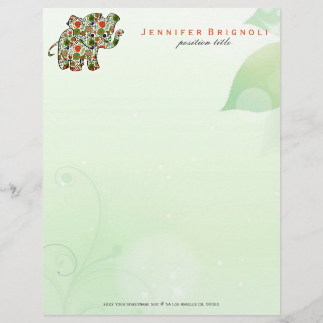 Cute Colourful Floral Baby Elephant Personalised Letterhead (Front)