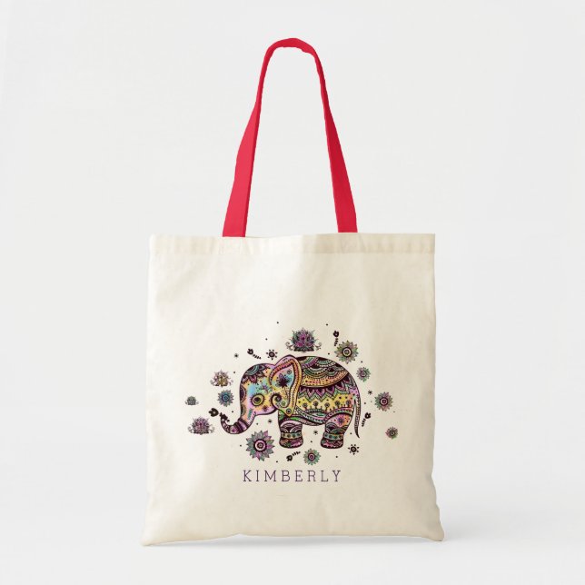 Cute Colourful Floral Baby Elephant Tote Bag (Front)