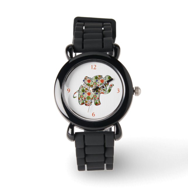 Cute Colourful Floral Baby Elephant Watch (Front)