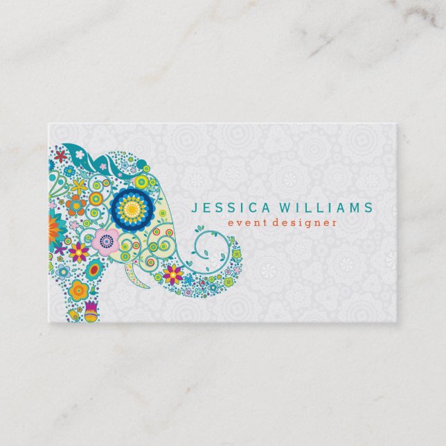 Cute Colourful Floral Elephant Illustration 2 Business Card (Front)