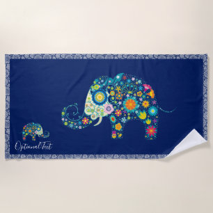 Cute Colourful Floral Elephant Illustration Beach Towel