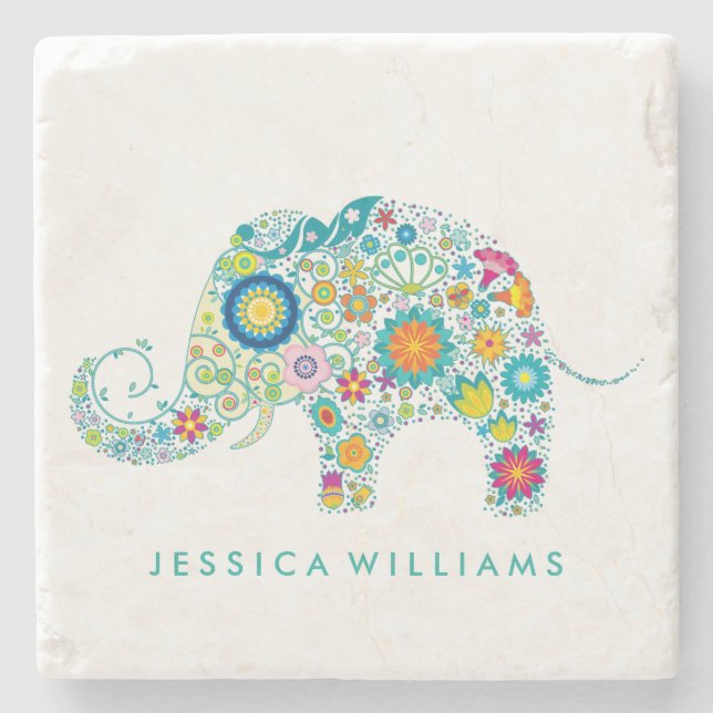 Cute Colourful Floral Elephant Illustration Stone Coaster (Front)