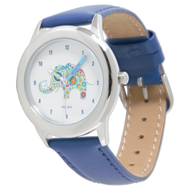 Cute Colourful Floral Elephant Illustration Watch (Angled)