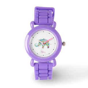 Cute colourful floral elephant monogram watch