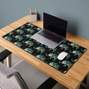 Cute Colourful Floral Elephant Pattern on Black Desk Mat