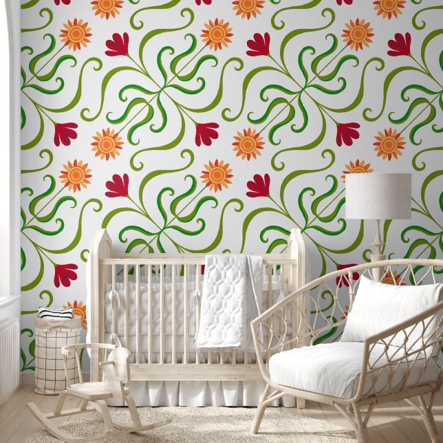 Cute Colourful Floral Folk Art Damask Pattern Ligh Wallpaper (Kids)